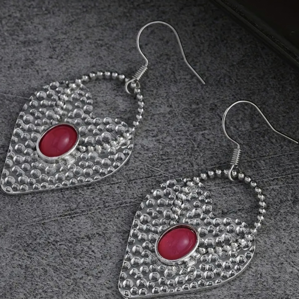 Elegant Silver Heart Earrings With Red Gem 5$